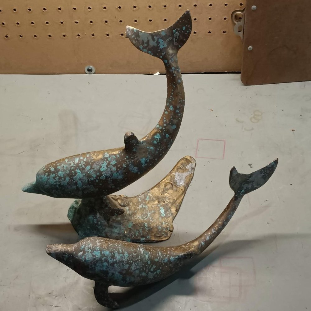Pair of Vintage Brass Dolphins with Beautiful Sea Foam Patina